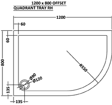 Technical image of Ultra Pearlstone Low Pro Offset Quad Shower Tray. 1200x800x40. Right Hand.