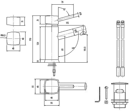 Technical image of Hudson Reed Jule Mono basin mixer + free sprung basin waste