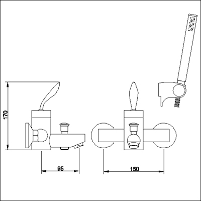 Technical image of Ultra Flame Single lever wall mounted bath shower mixer.