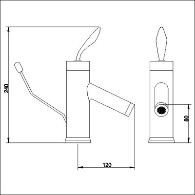 Technical image of Ultra Flame Single lever mono basin mixer and pop up waste.