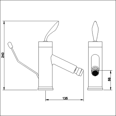 Technical image of Ultra Flame Single lever mono bidet mixer and pop up waste.