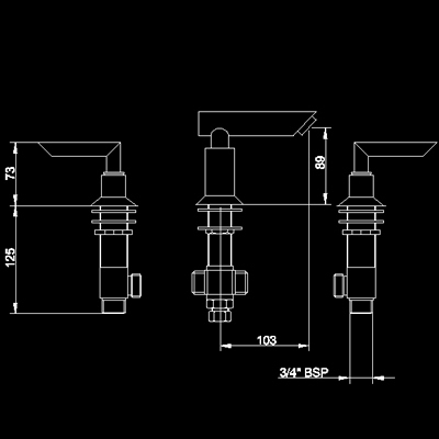 Technical image of Hudson Reed Xeta 3 tap hole bath mixer with swivel spout