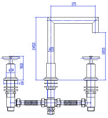 Technical image of Hudson Reed P-zazz Cross Head 3 Tap Hole Bath Filler With Swivel Spout.