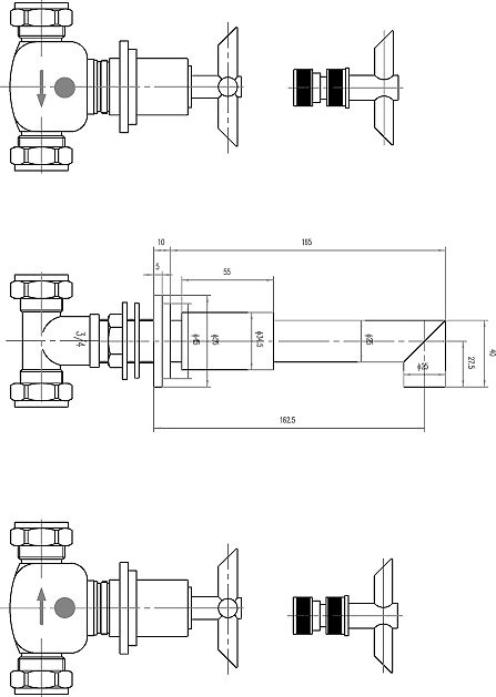 Technical image of Hudson Reed P-zazz Cross Head 3 Tap Hole Wall Mounted Bath Mixer Tap.