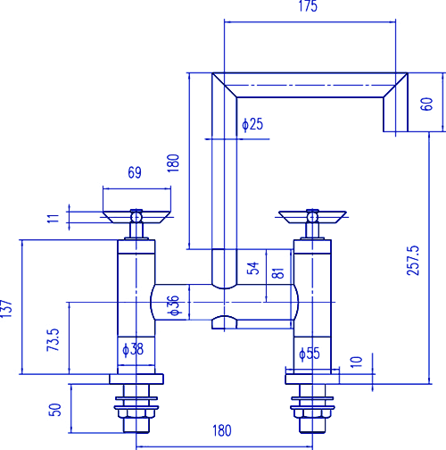 Technical image of Hudson Reed P-zazz Cross Head Deck Mounted Bath Filler.