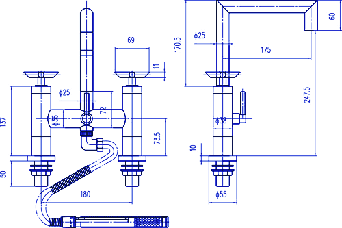 Technical image of Hudson Reed P-zazz Cross Head Deck Mounted Bath Shower Mixer & Kit.