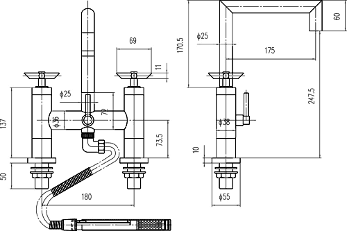 Technical image of Hudson Reed P-zazz Basin & Bath Shower Mixer Tap Set (Free Shower Kit).