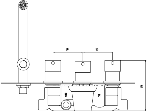 Technical image of Nuie Quest Wall Mounted Thermostatic Triple Bath Filler Tap With Diverter.