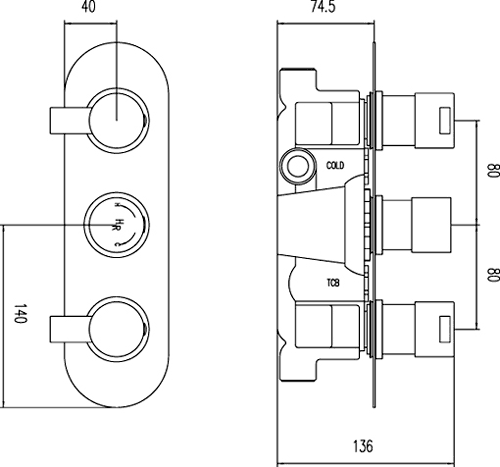 Technical image of Hudson Reed Rapid Triple Concealed Thermostatic Shower Valve (Chrome).