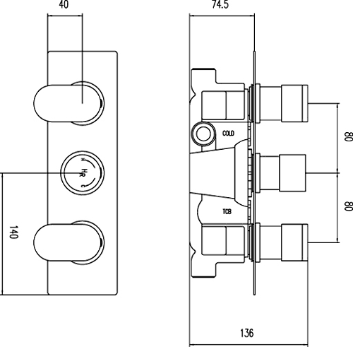 Technical image of Hudson Reed Reign Triple Concealed Thermostatic Shower Valve (Chrome).