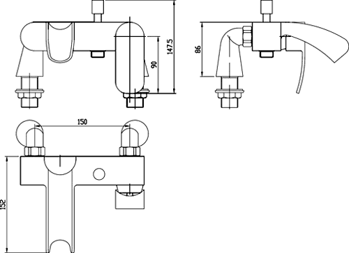 Technical image of Hudson Reed Reign Basin & Wall Mounted Bath Shower Mixer Tap Set.