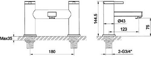 Technical image of Hudson Reed Relay Bath Shower Mixer Tap With Shower Kit (Chrome).