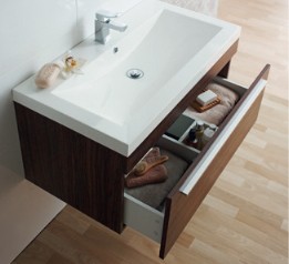 Example image of Ultra Glide Wall Mounted Vanity Unit With Basin (Walnut). 900Wx440Hmm.