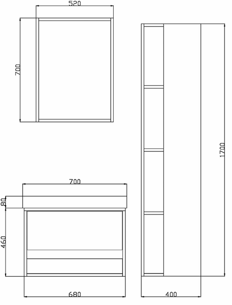Technical image of Hudson Reed Recess Wall Hung Furniture Set (Dark Oak).