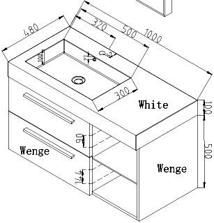 Technical image of Hudson Reed Console Wall Hung Vanity Unit With Basin & Drawers (Wenge).