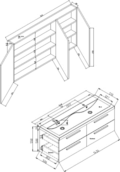 Technical image of Hudson Reed Quartet Wall Hung Furniture Set & Double Basin (Graphite).