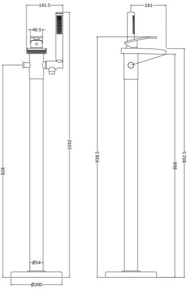 Technical image of Hudson Reed Rhyme Basin & Floor Standing Bath Shower Mixer Tap Pack.