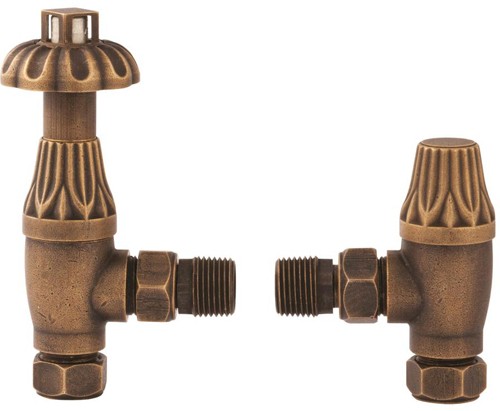 Larger image of Towel Rails Thermostatic Antique Radiator Valves Pack Angled (Brass, Pair).