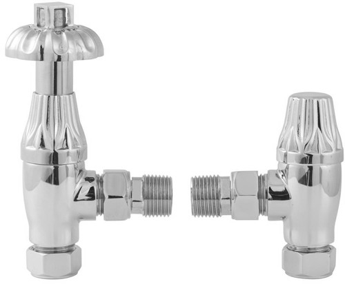Larger image of Towel Rails Thermostatic Antique Radiator Valves Pack Angled (Chrome, Pair).