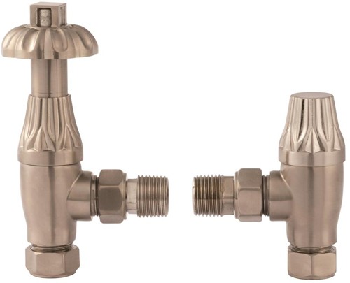 Larger image of Towel Rails Thermostatic Antique Radiator Valves Pack Angled (Nickel, Pair).