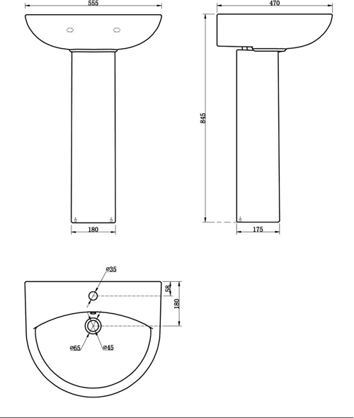 Technical image of Premier Saffron Bathroom Suite With Pan, Cistern, Basin & Full Pedestal.