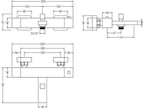 Technical image of Nuie Sanford Wall Mounted Thermostatic Bath Shower Mixer Tap (Chrome).