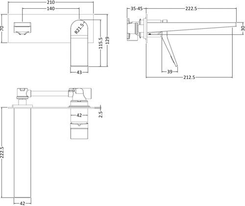 Technical image of HR Soar Wall Mounted Basin Mixer Tap With Lever Handle (Chrome).