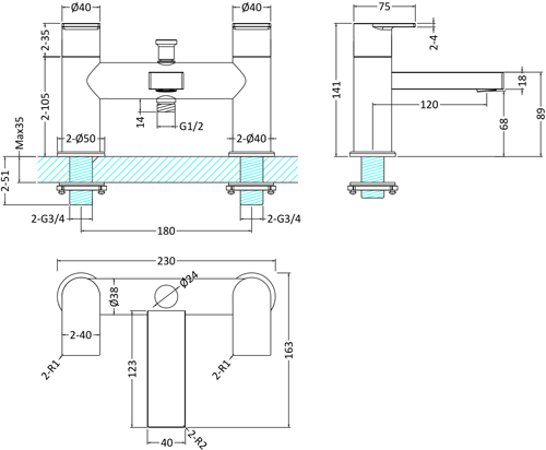 Technical image of HR Sottile Mono Basin & Bath Shower Mixer Tap Pack (Chrome).