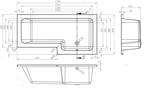 Technical image of Hudson Reed Baths Amelia Square Shower Bath & Panels (Right Handed).