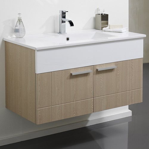Larger image of Hudson Reed Sublime Wall Hung Vanity Set (Oak & White). 915x500x465mm.