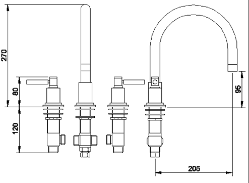 Technical image of Hudson Reed Tec 3 Tap Hole Bath Tap With Large Spout & Lever Handles.