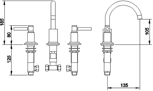 Technical image of Hudson Reed Tec 3 Tap Hole Basin Tap With Large Spout & Lever Handles.