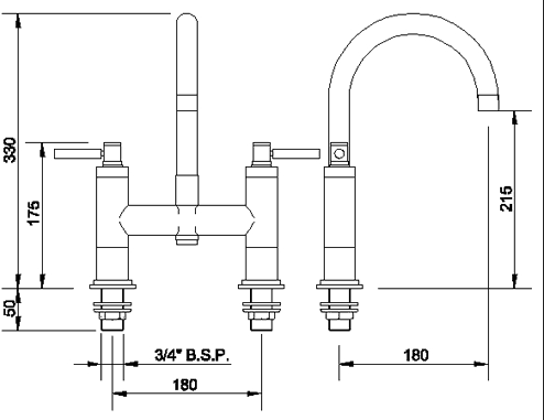 Technical image of Hudson Reed Tec Bath Filler Tap With Large Swivel Spout & Lever Handles.