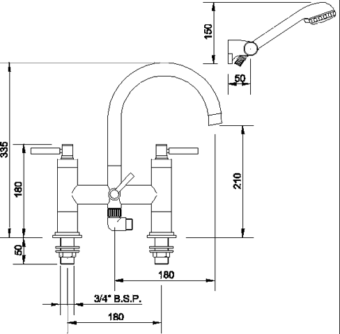 Technical image of Hudson Reed Tec Bath Shower Mixer Tap, Large Spout & Lever Handles.