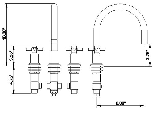 Technical image of Hudson Reed Tec 3 Tap Hole Bath Tap With Large Spout & Cross Handles.