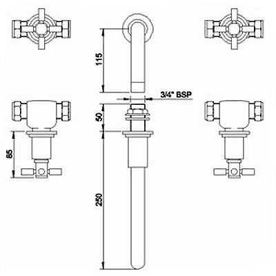 Technical image of Hudson Reed Tec 3 Tap Hole Wall Mounted Bath Tap With Cross Handles.