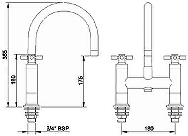 Technical image of Hudson Reed Tec Bath Filler Tap With Large Swivel Spout & Cross Handles.