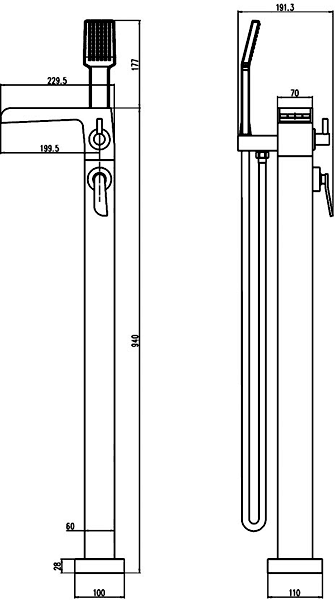 Technical image of Hudson Reed Tide Freestanding Waterfall Bath Shower Mixer Tap.