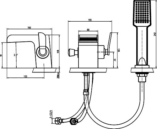 Technical image of Hudson Reed Tide 2 Hole Waterfall Bath Shower Mixer Tap (Free Shower Kit).