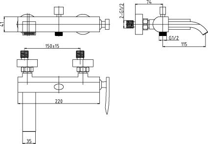 Technical image of Ultra Jarvis Bath Shower Mixer Tap With Shower Kit & Wall Bracket (Chrome).