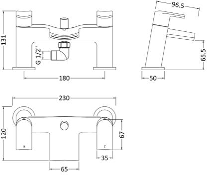 Technical image of Nuie Mona Waterfall Bath Shower Mixer Tap With Kit (Chrome).