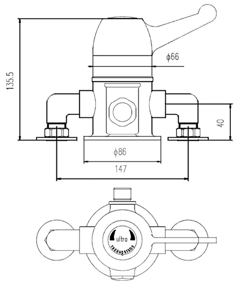 Technical image of Thermostatic TMV3 Exposed Sequential Shower Valve With Lever Handle.