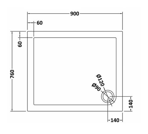 Technical image of Nuie Trays Rectangular Shower Tray 900x760mm (Slate Grey).