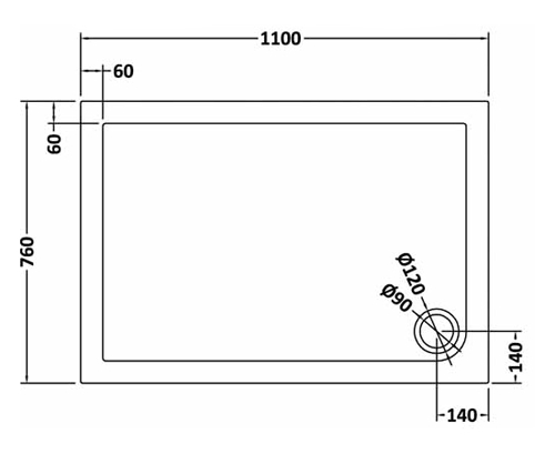 Technical image of Nuie Trays Rectangular Shower Tray 1100x760mm (Slate Grey).