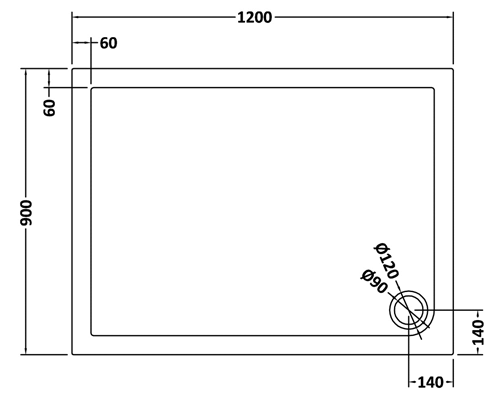 Technical image of Nuie Trays Rectangular Shower Tray 1200x900mm (Slate Grey).