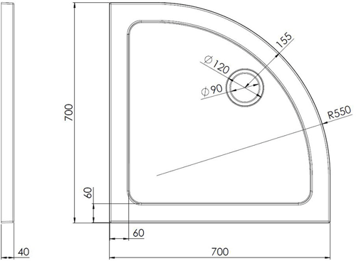 Technical image of Nuie Trays Quadrant Shower Tray 700x700mm (Slate Grey).