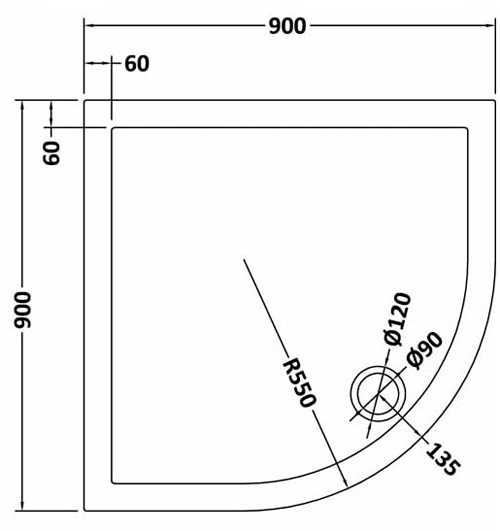 Technical image of Nuie Trays Quadrant Shower Tray 900x900mm (Slate Grey).