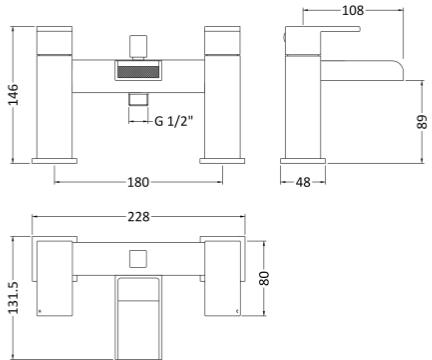 Technical image of Nuie Strike Waterfall Bath Shower Mixer Tap With Kit (Chrome).