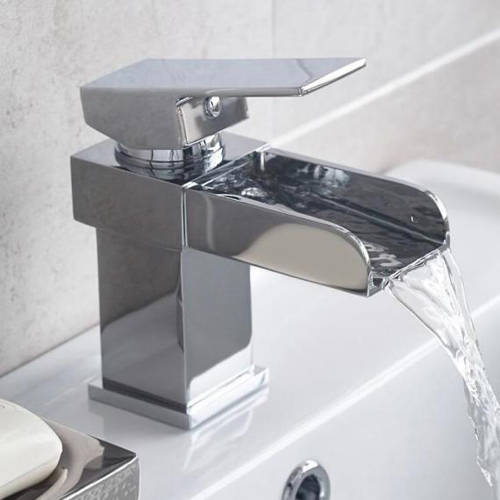Larger image of Nuie Strike Waterfall Basin Mixer Tap With Push Button Waste (Chrome).