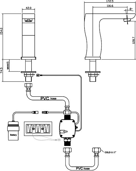 Technical image of Ultra Water Saving Electronic Basin Sensor Tap (Battery Powered).